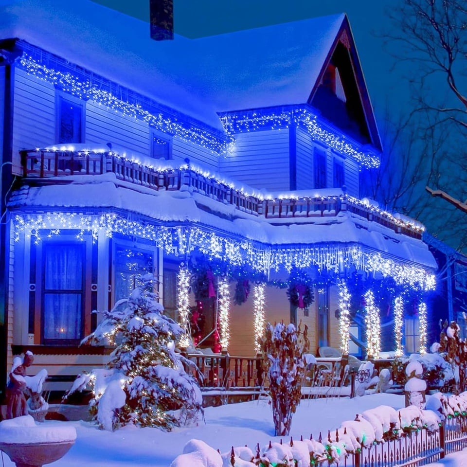 Instalatie franjuri, 300 LED, 12 metri, 8 jocuri de lumini, Albastru