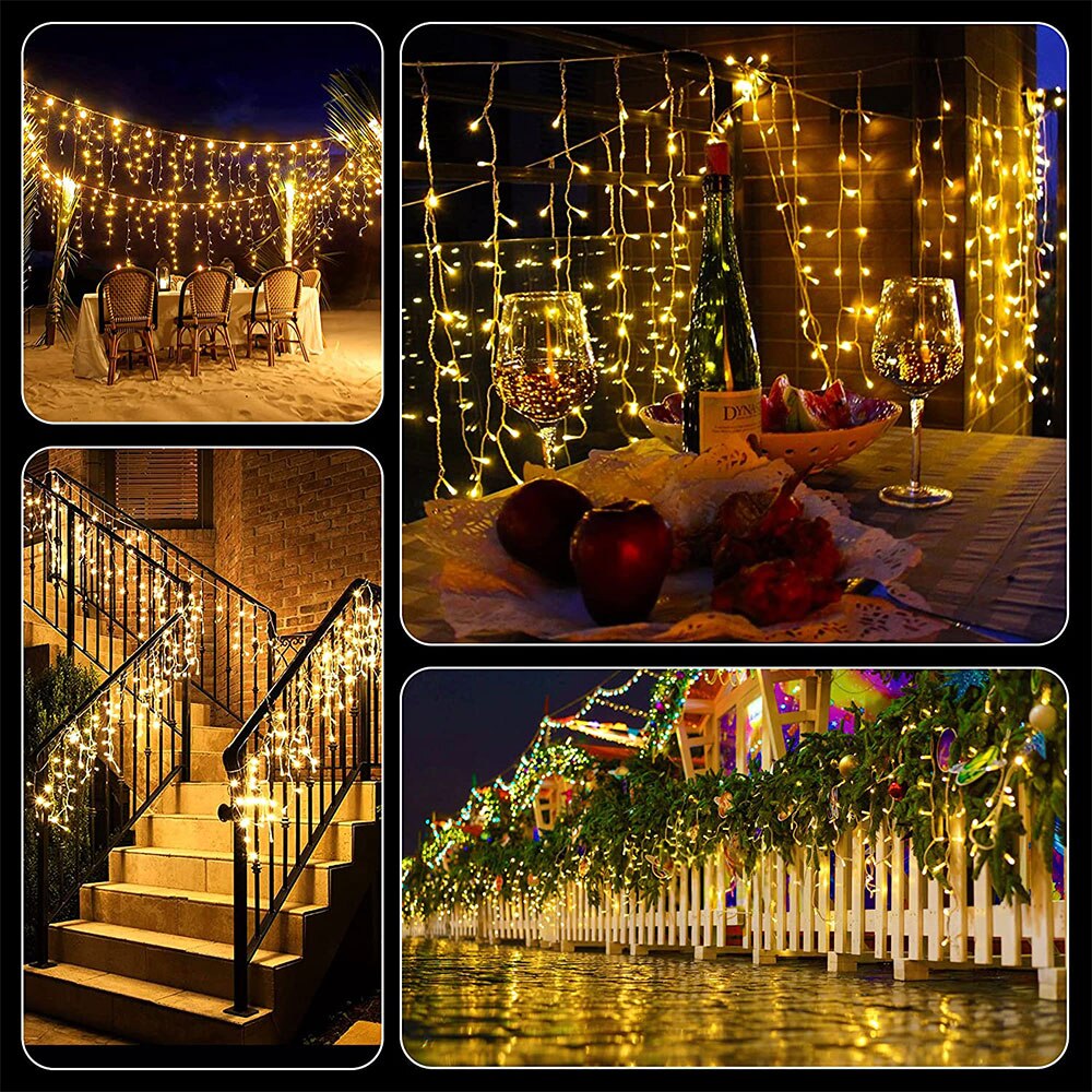 Instalatie franjuri, 300 LED, 12 metri, 8 jocuri de lumini, Alb cald