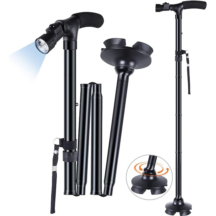 Baston telescopic pliabil cu LED si maner ergonomic