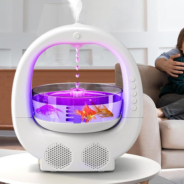 Umidificator RGB cu boxa Bluetooth cu bol pentru pesti, Alb, 700 ml