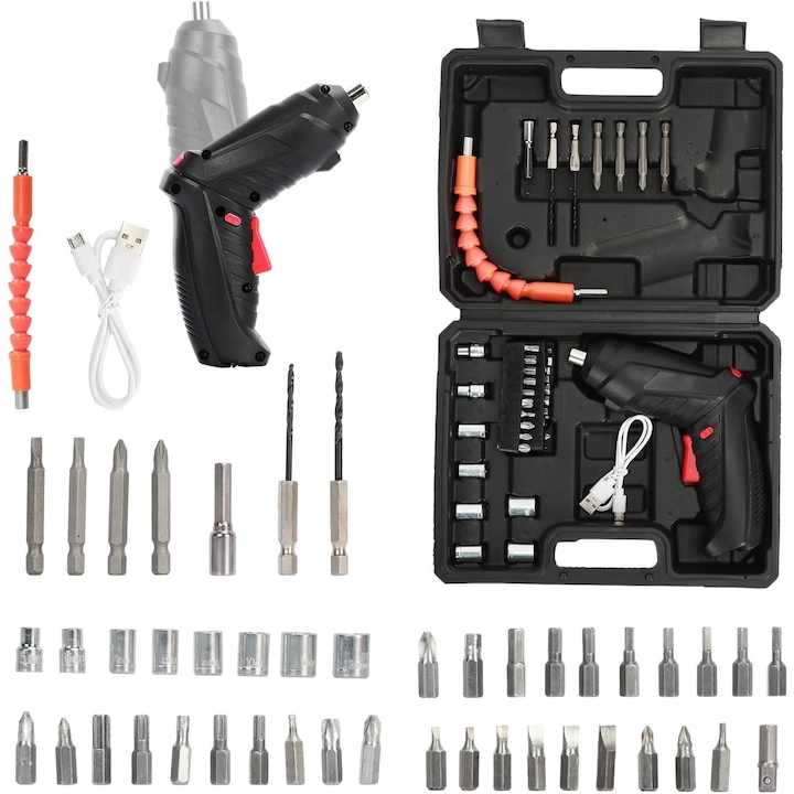 Surubelnita electrica cu acumulator, Trusa cu 47 piese, Negru