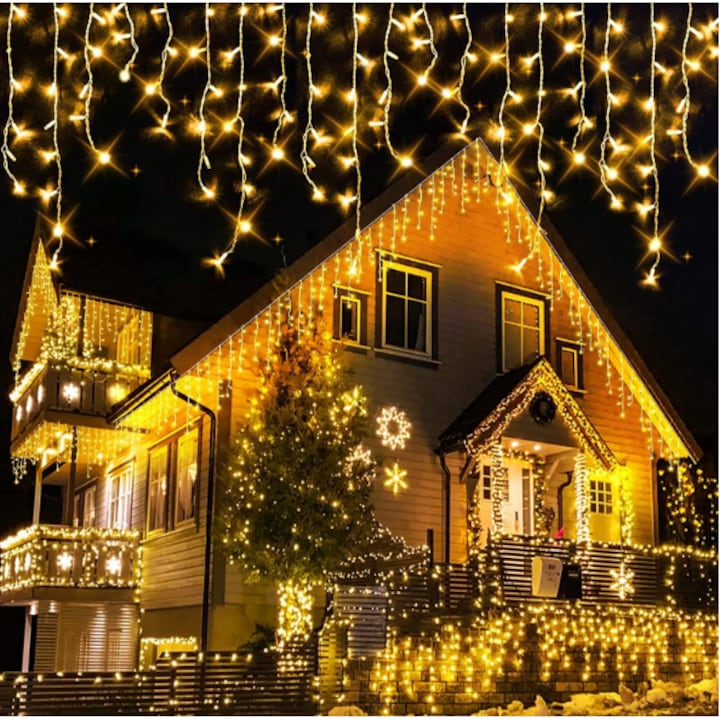 Instalatie franjuri, 300 LED, 12 metri, 8 jocuri de lumini, Alb cald