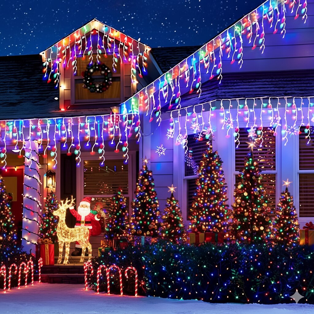 Instalatie franjuri, cu LED-uri tip turturi, 12 metri, Multicolor