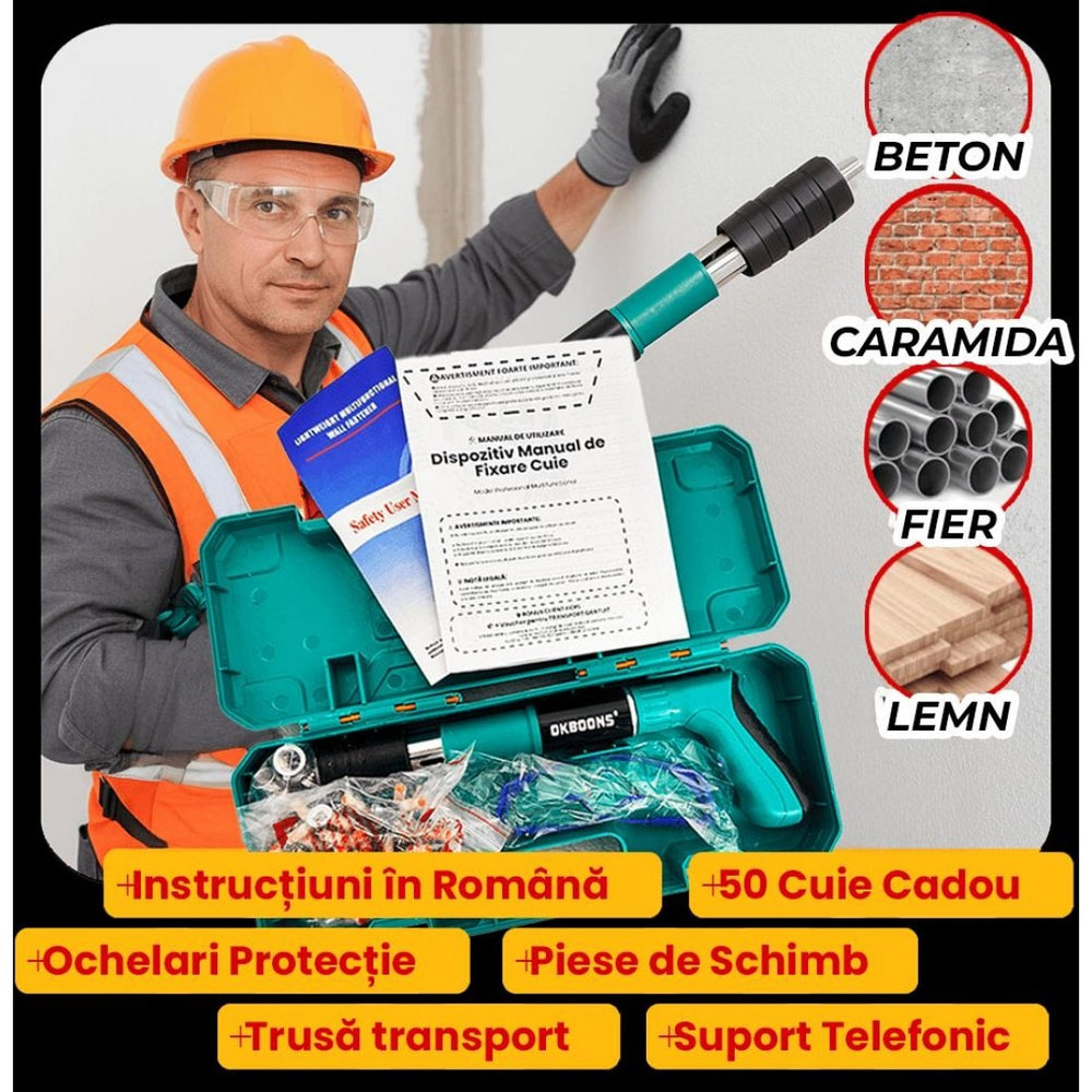 Pistol manual pentru fixare nituri/cuie, Accesorii + 250 de cuie