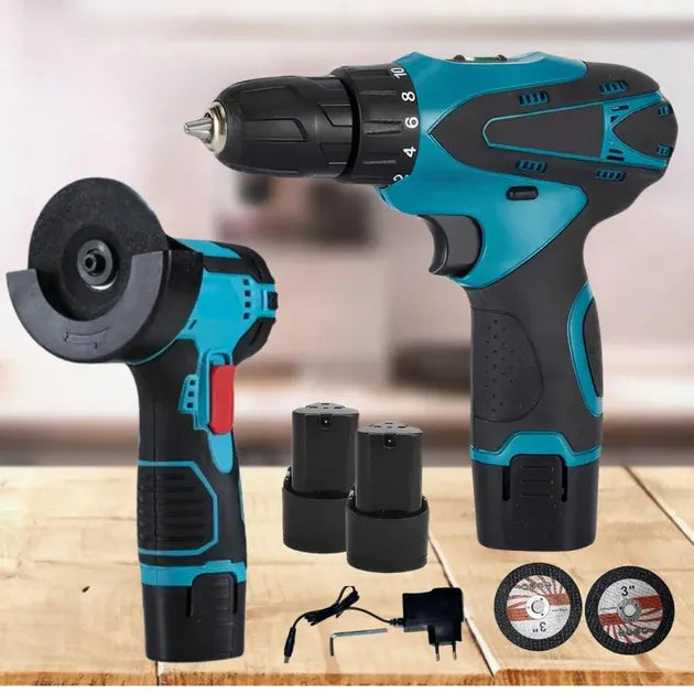 Masina de gaurit cu impact 12V + Mini polizor unghiular, 2 baterii, 5 discuri