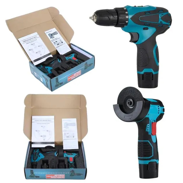 Masina de gaurit cu impact 12V + Mini polizor unghiular, 2 baterii, 5 discuri