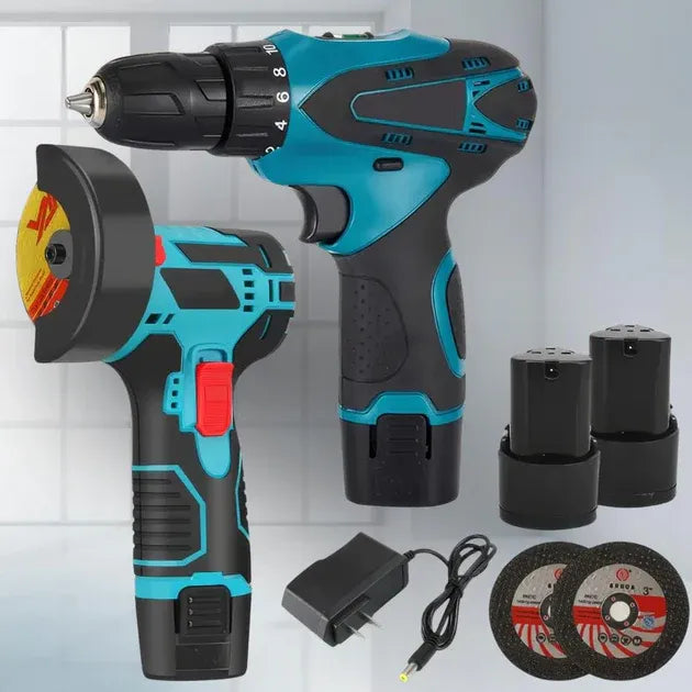 Masina de gaurit cu impact 12V + Mini polizor unghiular, 2 baterii, 5 discuri