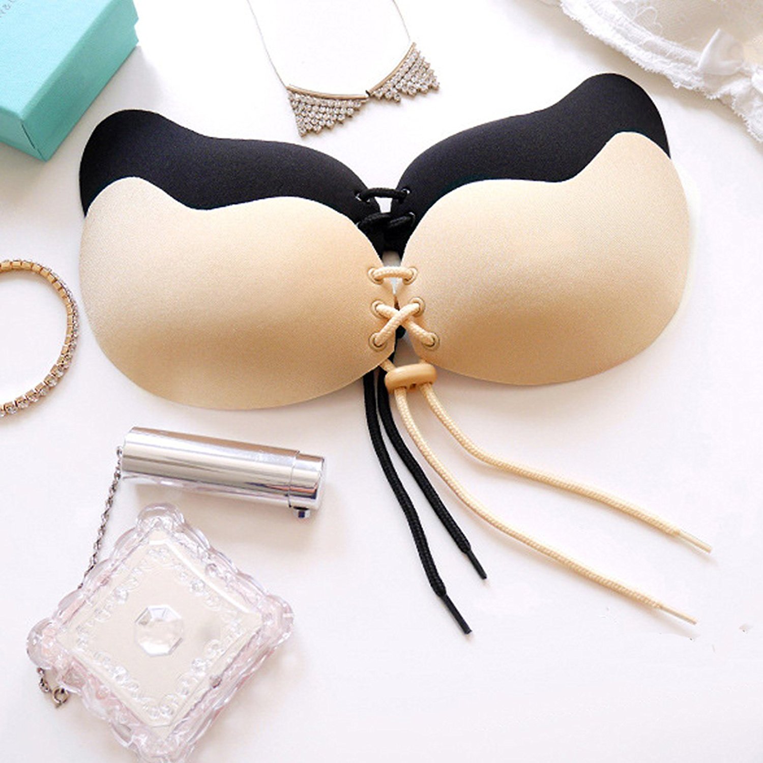 Sutien Push-Up fara bretele cu snur LalaBra - culoare crem