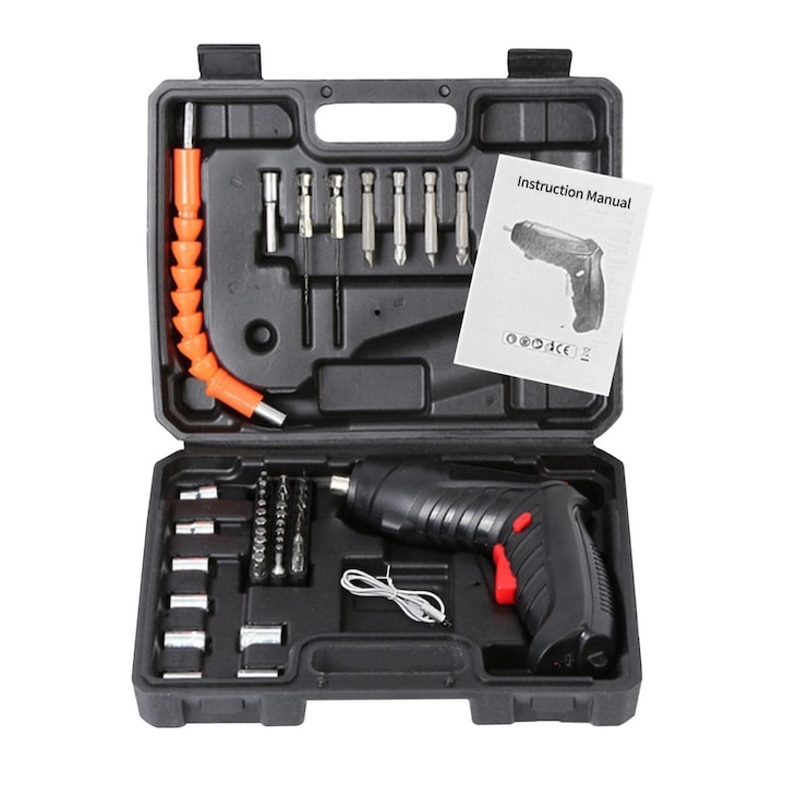 Surubelnita electrica cu acumulator, trusa 47 piese, LED, Negru