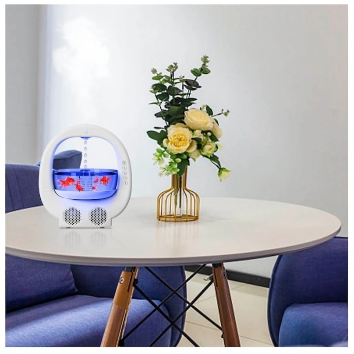 Umidificator RGB cu boxa Bluetooth si bol pentru pesti, Alb, 700 ml