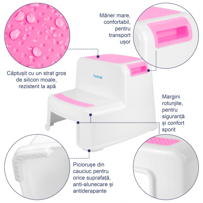 Scaunel inaltator WC pentru copii, FizioTab®Kids Two Step Stoll Alb/Roz