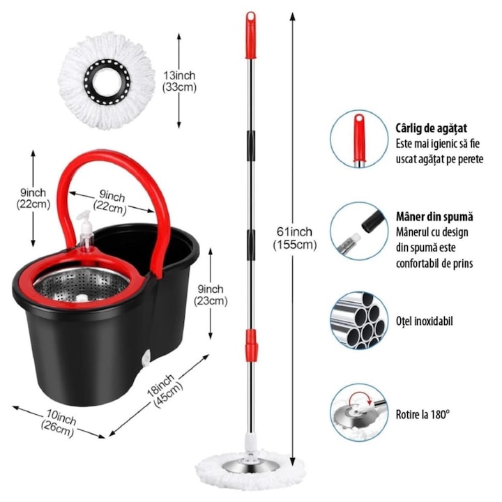 Mop rotativ cu galeata, Maner Inox + 5 Rezerve