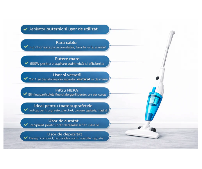 Aspirator vertical 600W, filtru HEPA, fara sac, 0.8 Litri