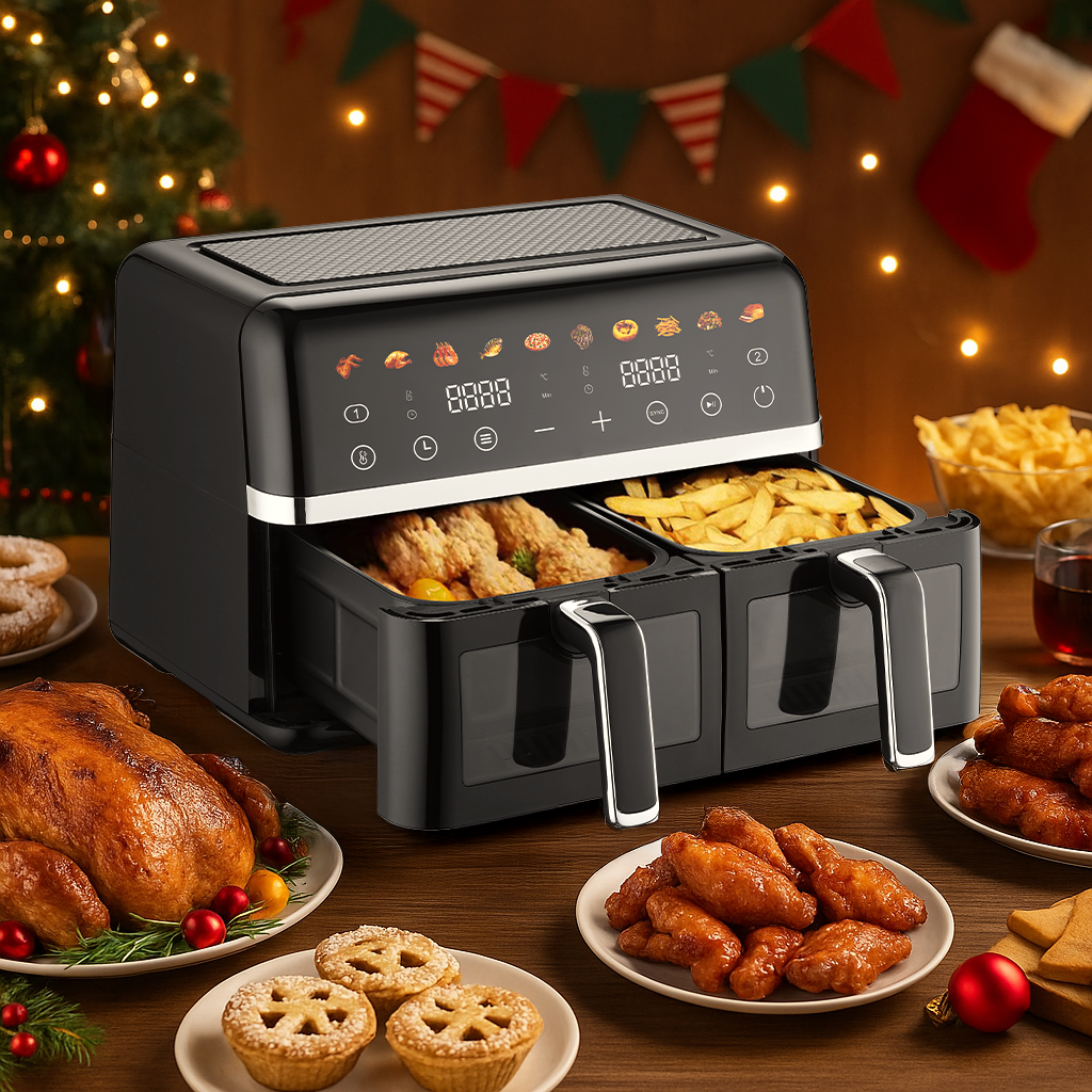 Friteuza dubla cu aer cald 3000 W, 6 litri, 8 programe