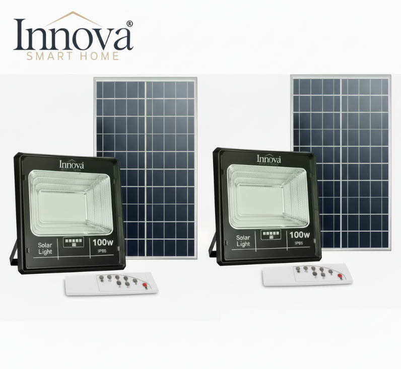 Proiector solar Innova 100 W, IP66, 6500K, telecomanda, indicator baterie