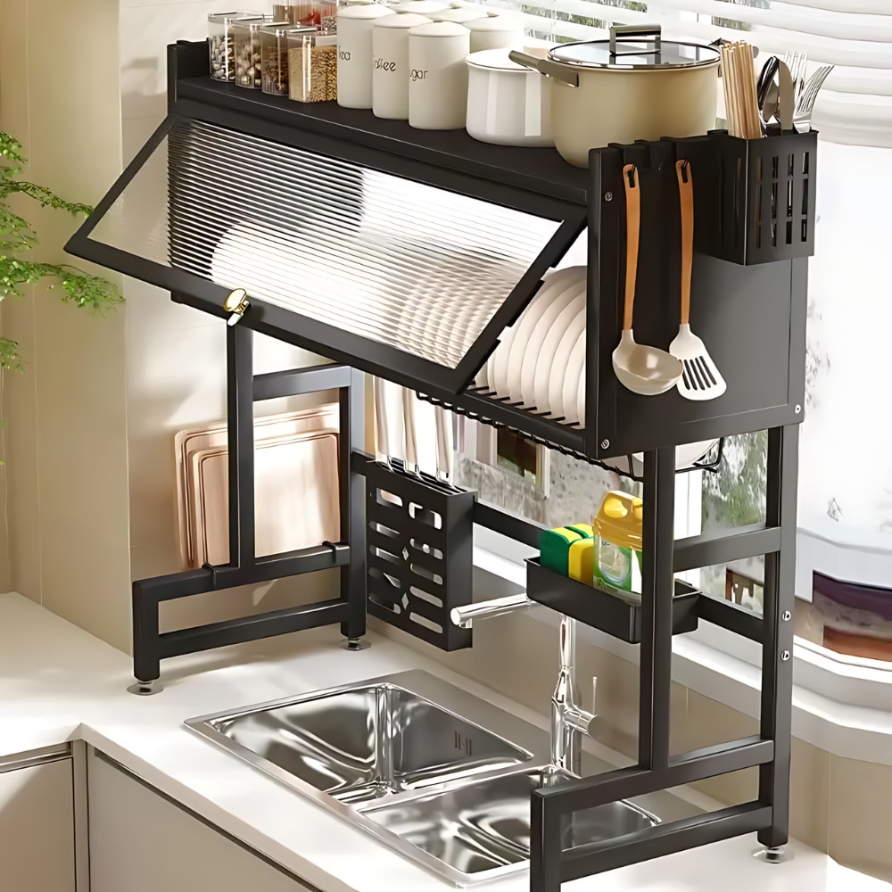 Raft scurgator vase si tacamuri, 85 cm, Negru