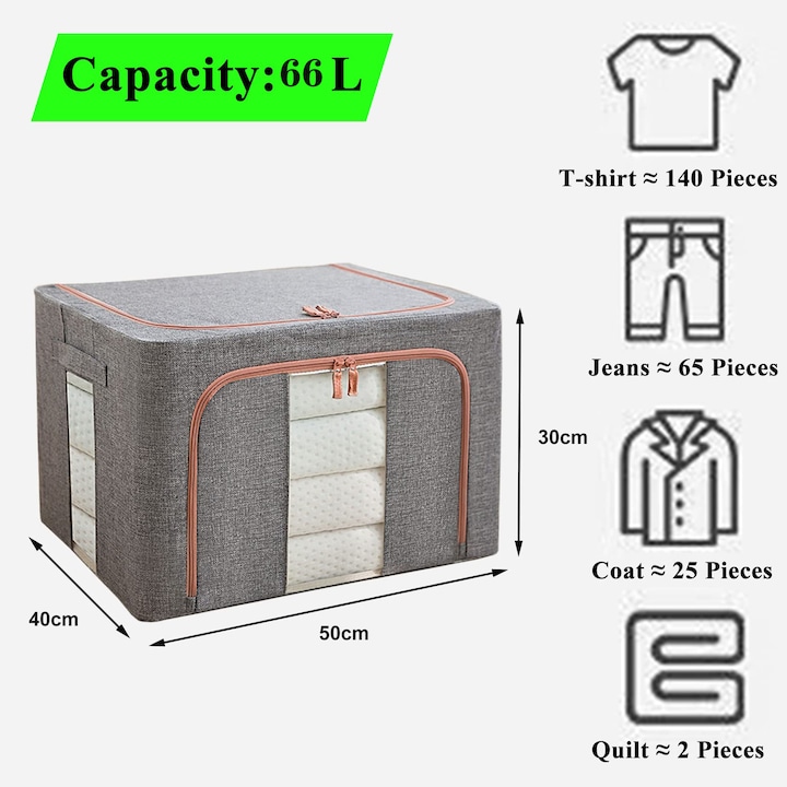 Set 3 cutii pliabile pentru depozitare, 24L, 66L, 100L, Gri