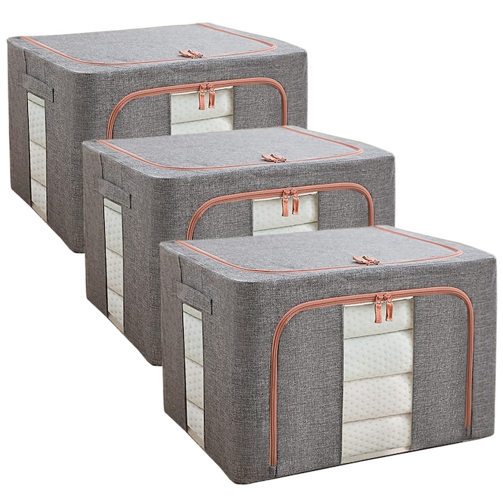 Set 3 cutii pliabile pentru depozitare, 24L, 66L, 100L, Gri