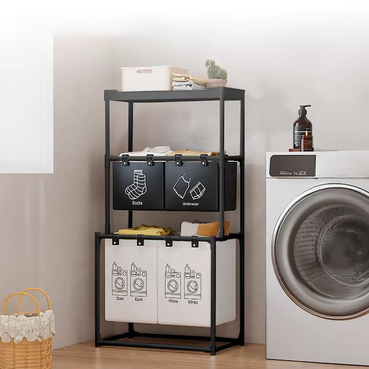 Cos de rufe, 3 niveluri, 4 sectiuni, metal, negru