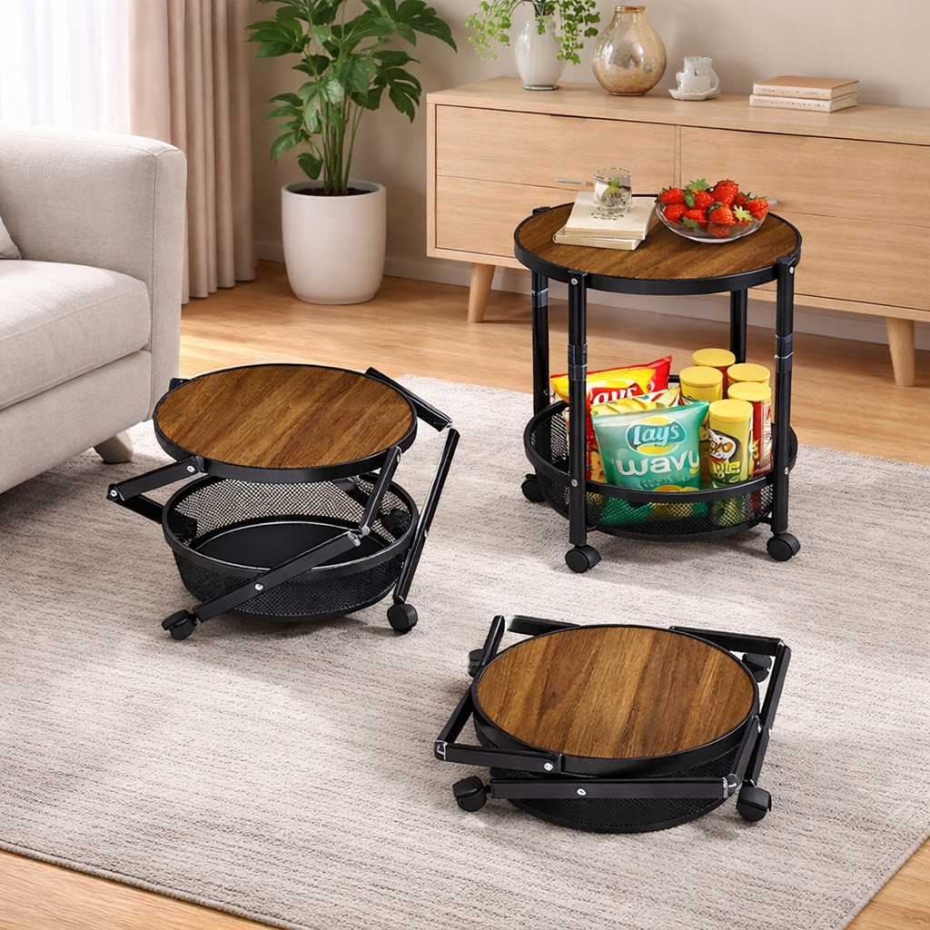 Masa pliabila cu roti si raft metalic, blat rotund, 38 x 52 cm