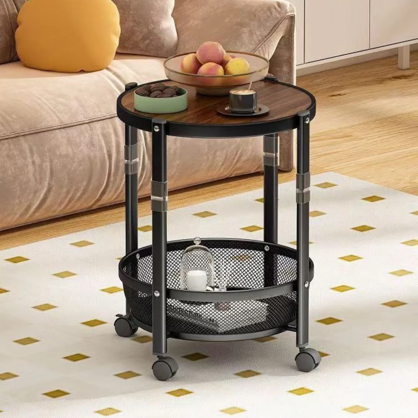 Masa pliabila cu roti si raft metalic, blat rotund, 38 x 52 cm