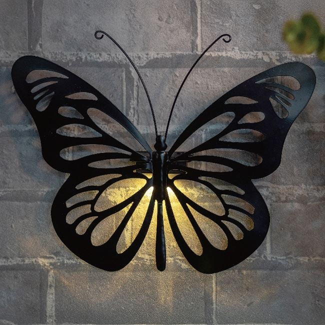 Set 2 x Decoratiune solara metalica, forma de fluture 34x26 cm, Negru