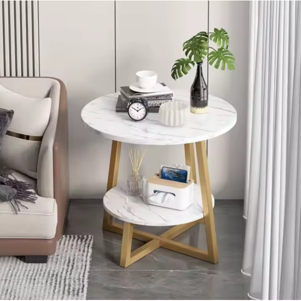 Masuta cafea rotunda cu raft inferior, blat tip marmura, 55x40 cm