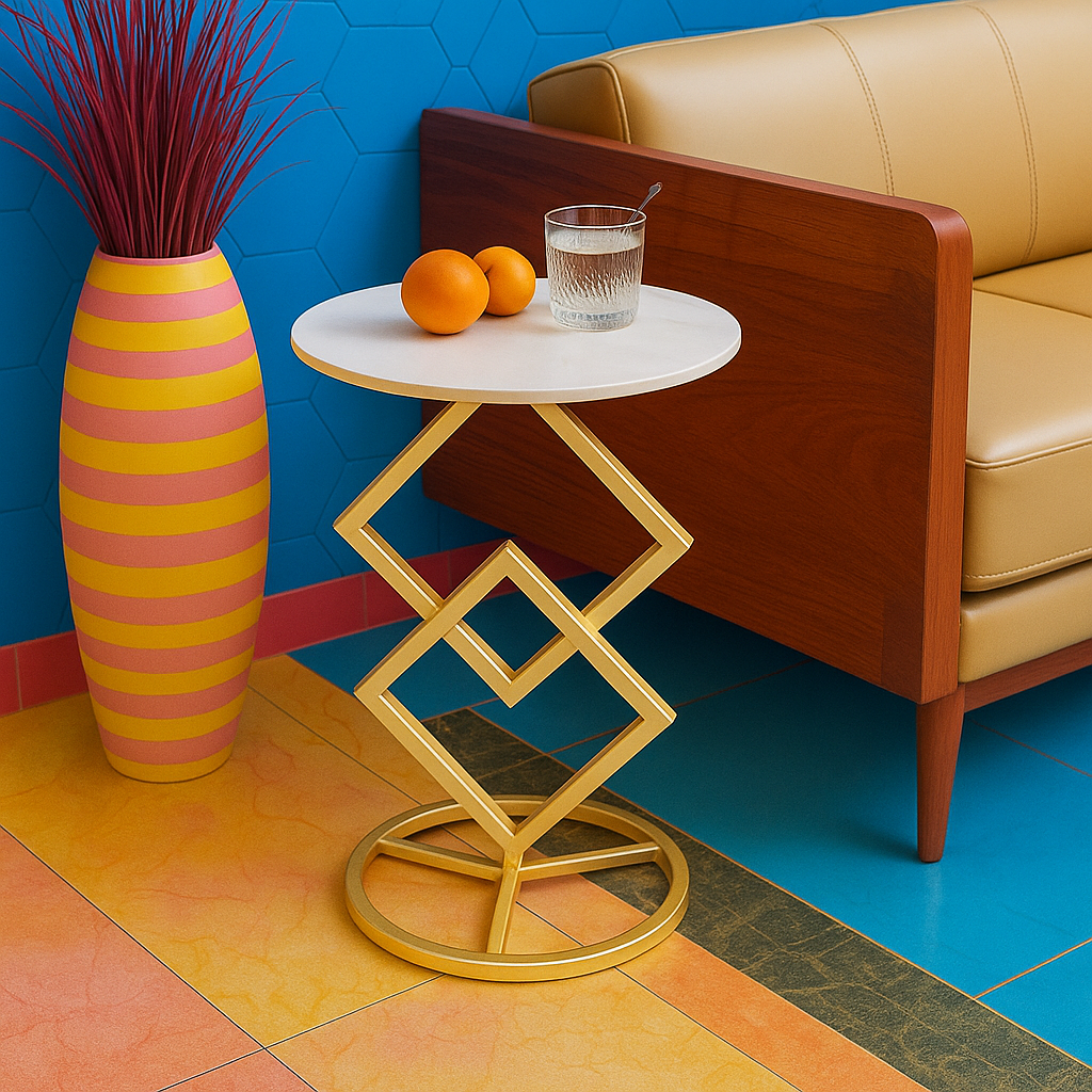 Masuta rotunda blat tip marmura, cadru geometric metalic, 40 x 58 cm