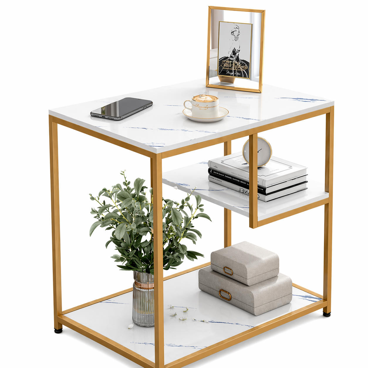 Masuta blat tip marmura, cadru metalic, 3 niveluri, 60x40x68 cm