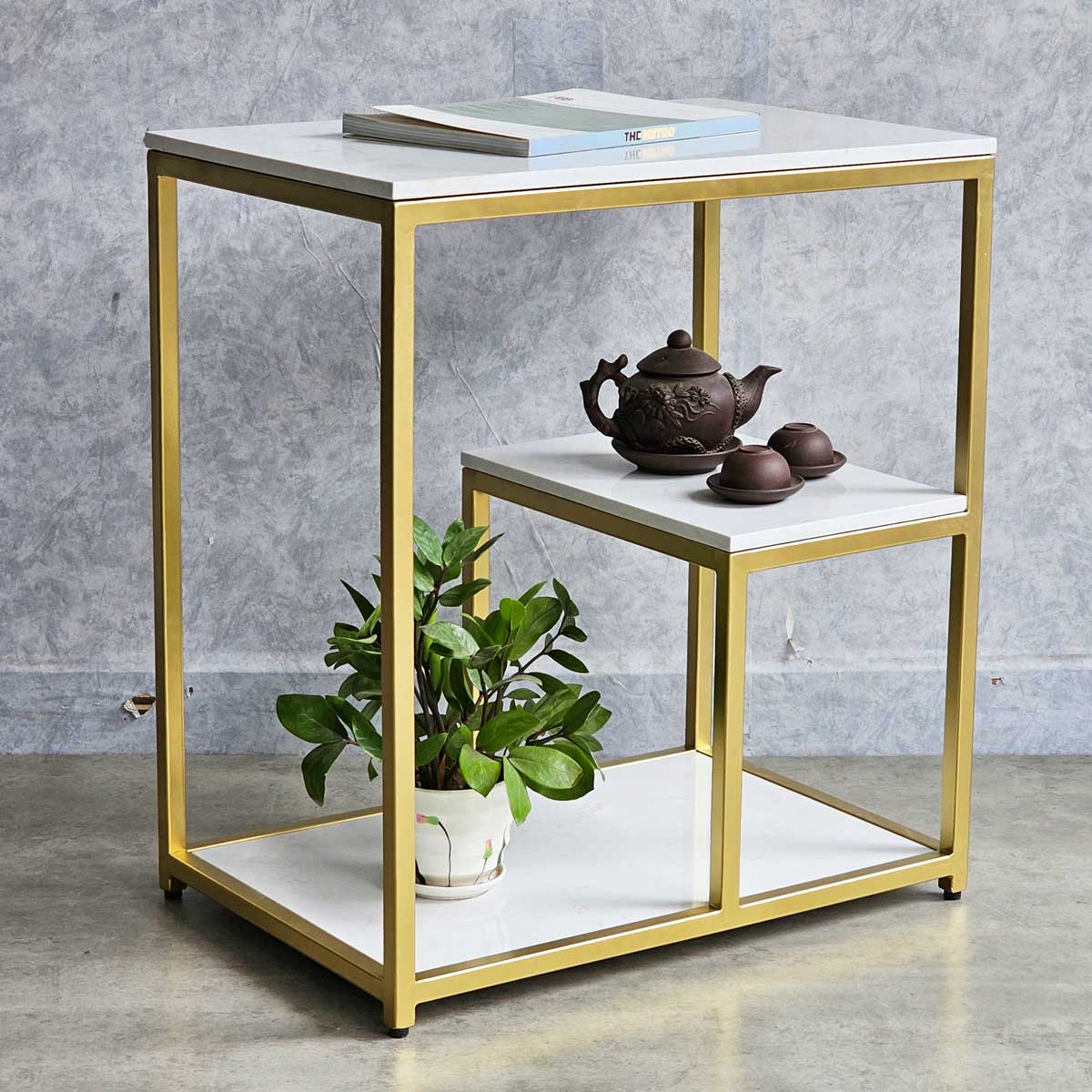 Masuta blat tip marmura, cadru metalic, 3 niveluri, 60x40x68 cm