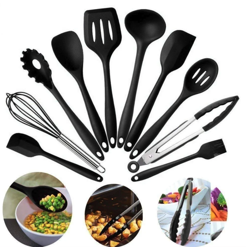 Set 12 ustensile din silicon, pentru gatit - Negru