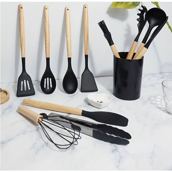 Set 12 ustensile din silicon, pentru gatit - Negru