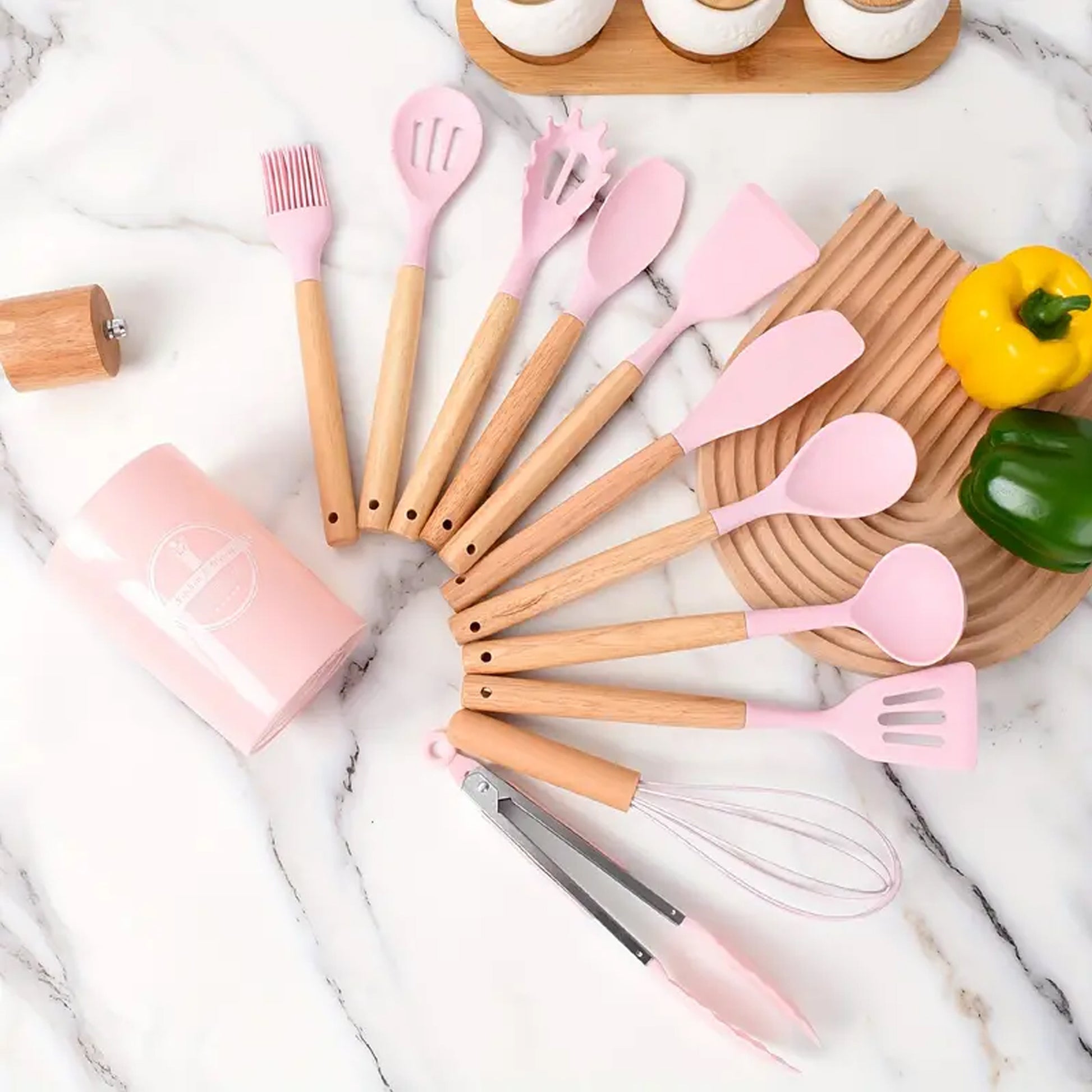Set 12 ustensile din silicon, pentru gatit - Roz