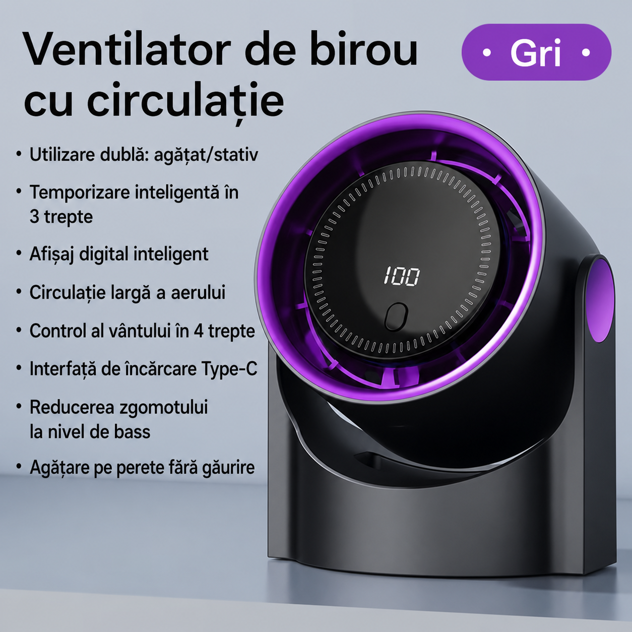 Ventilator portabil, 100 de viteze, incarcare USB-C, 2000 mAh