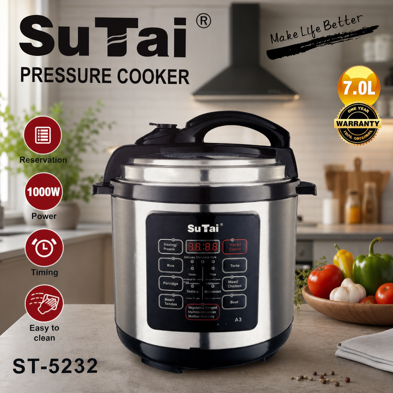Multicooker 7 Litri, 9 programe, Oala electrica cu gatire sub presiune