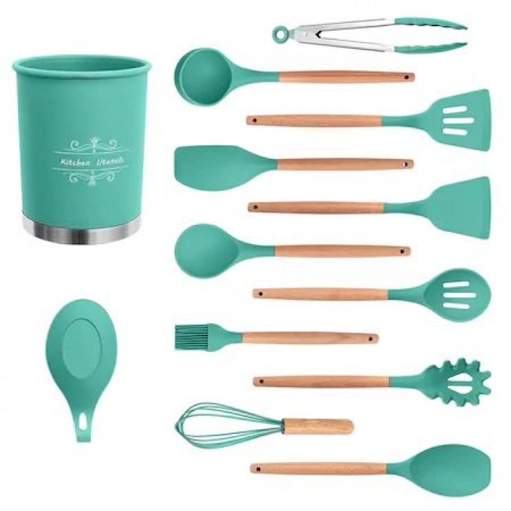 Set 12 ustensile din silicon, pentru gatit - Verde