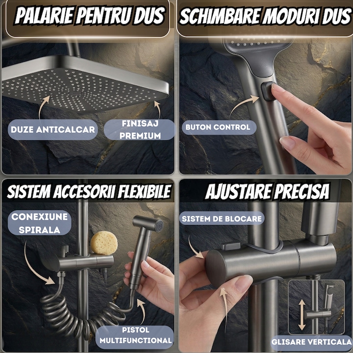 Set Premium: coloana dus, alama-cupru, 4 functii, butoane piano, gri grafit