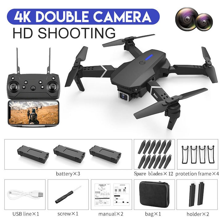 Drona cu 2 camere video, 3 x acumulator 1800 mAh, Gri