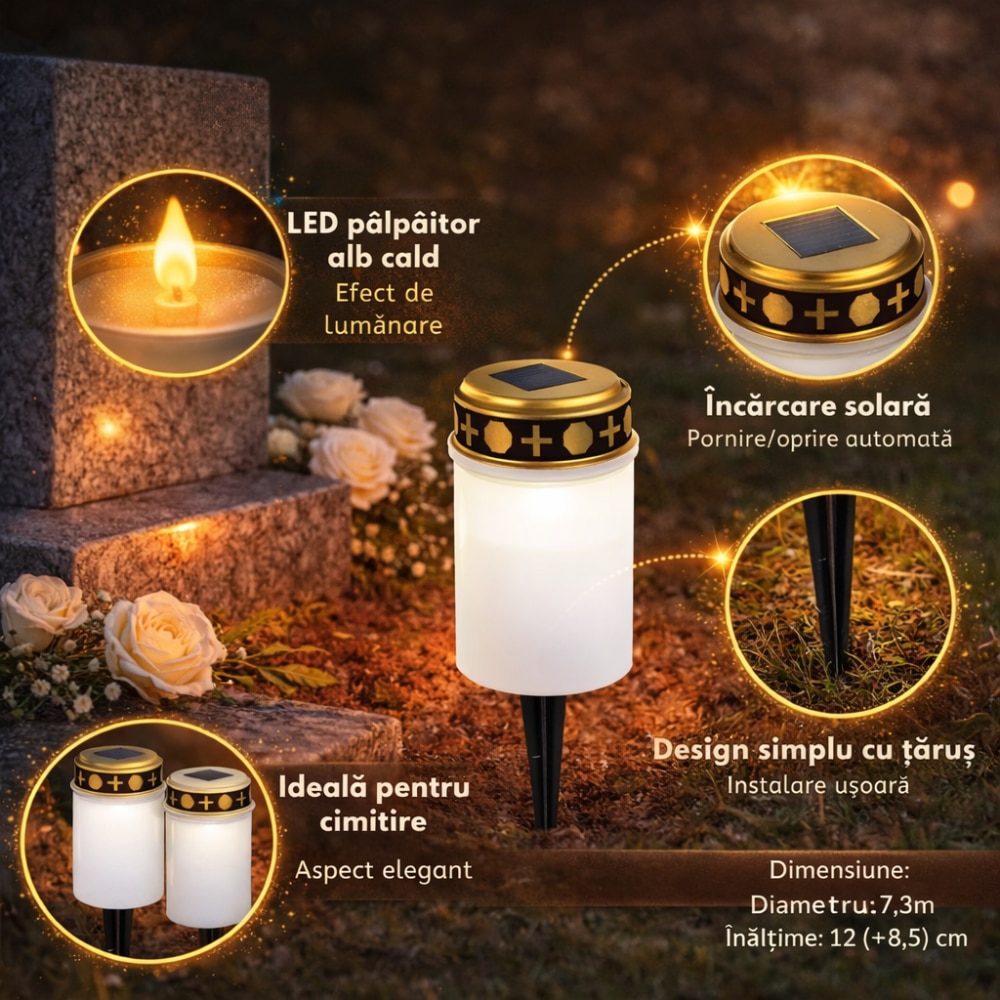 Set 2 x Candela solara LED, lumanare cu efect de flacara, Alb