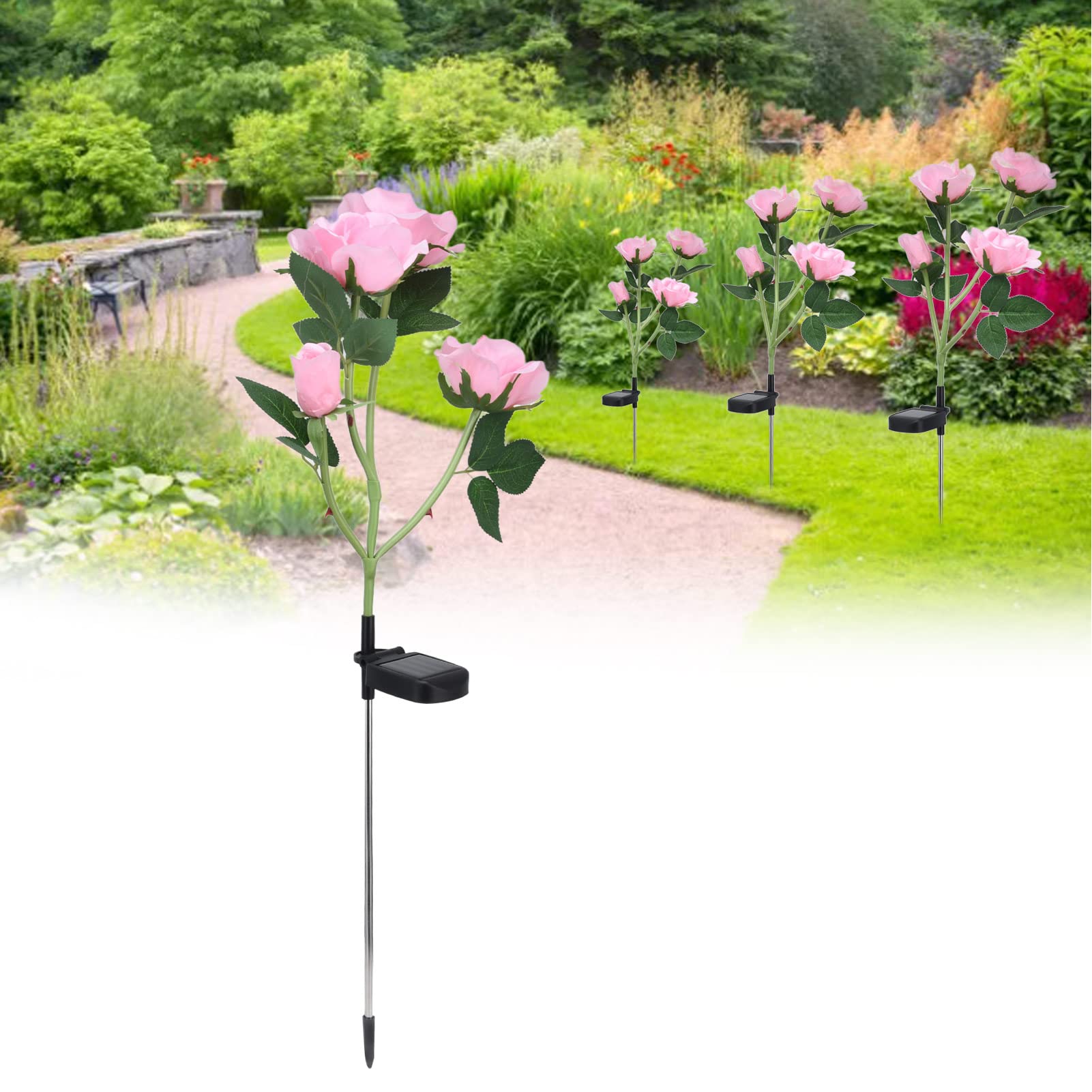 Set 2 x Lampa solara Trandafir Roz, 3 flori LED