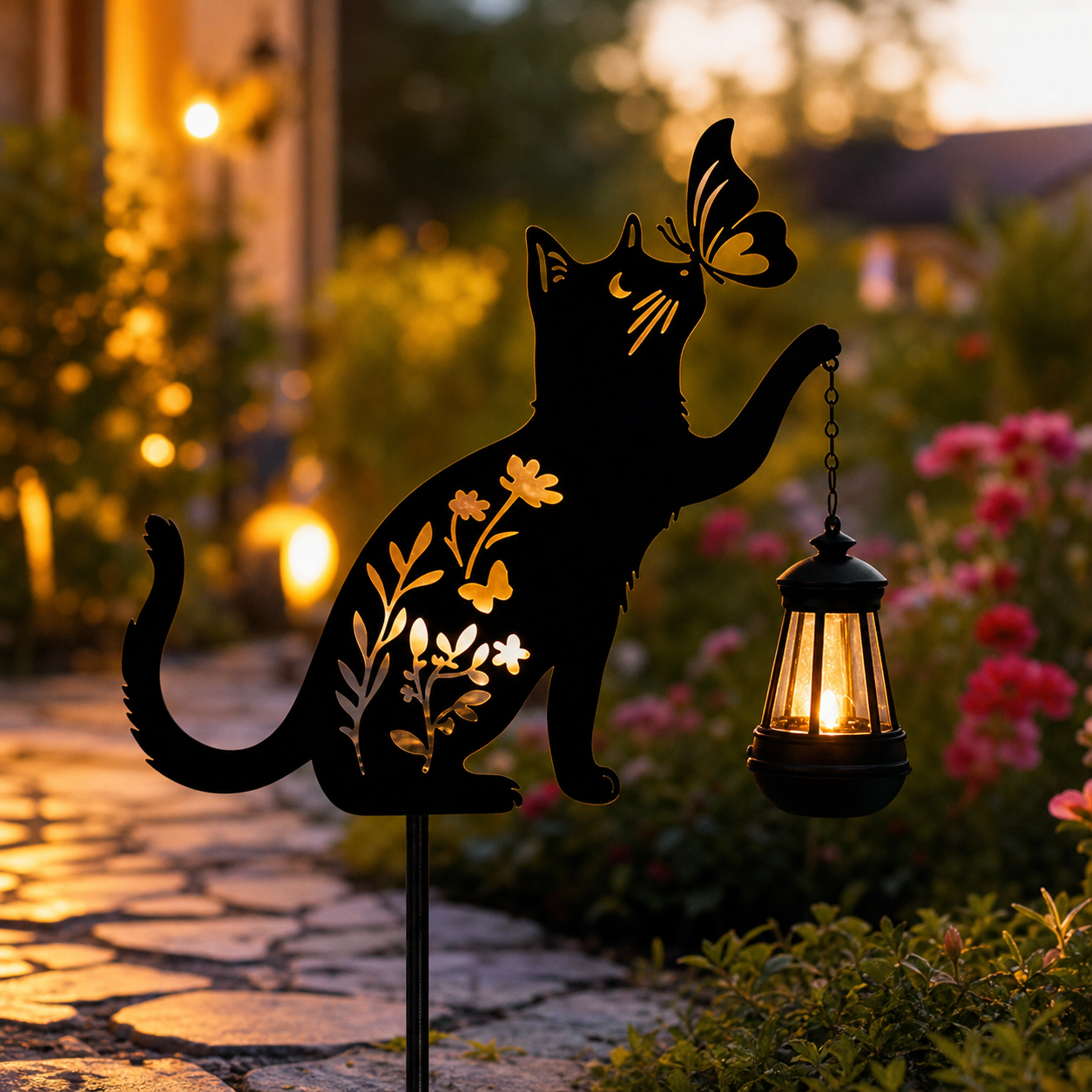 Set 2 x Lampa solara de gradina, decoratiune metalica, Pisica