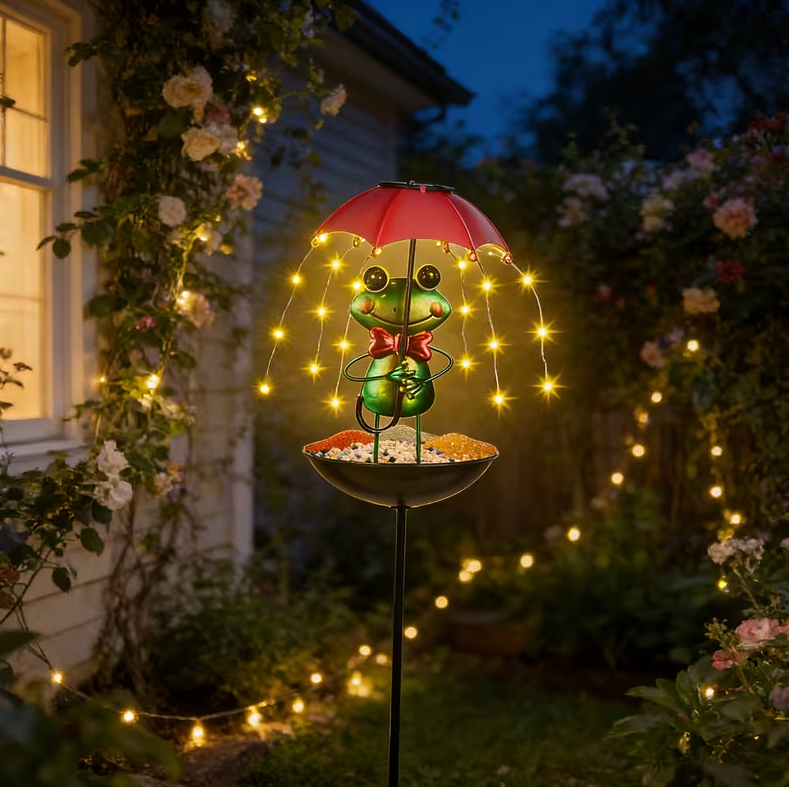 Lampa solara decorativa cu hranitoare pentru pasari, Model Broscuta