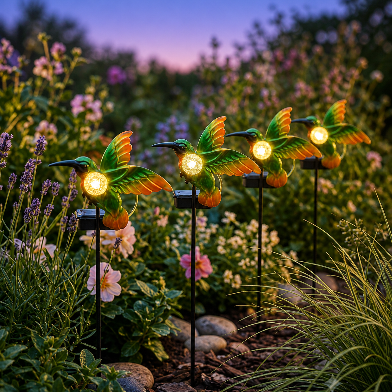 Set 4 lampi solare LED pentru gradina, metal, Colibri 3D