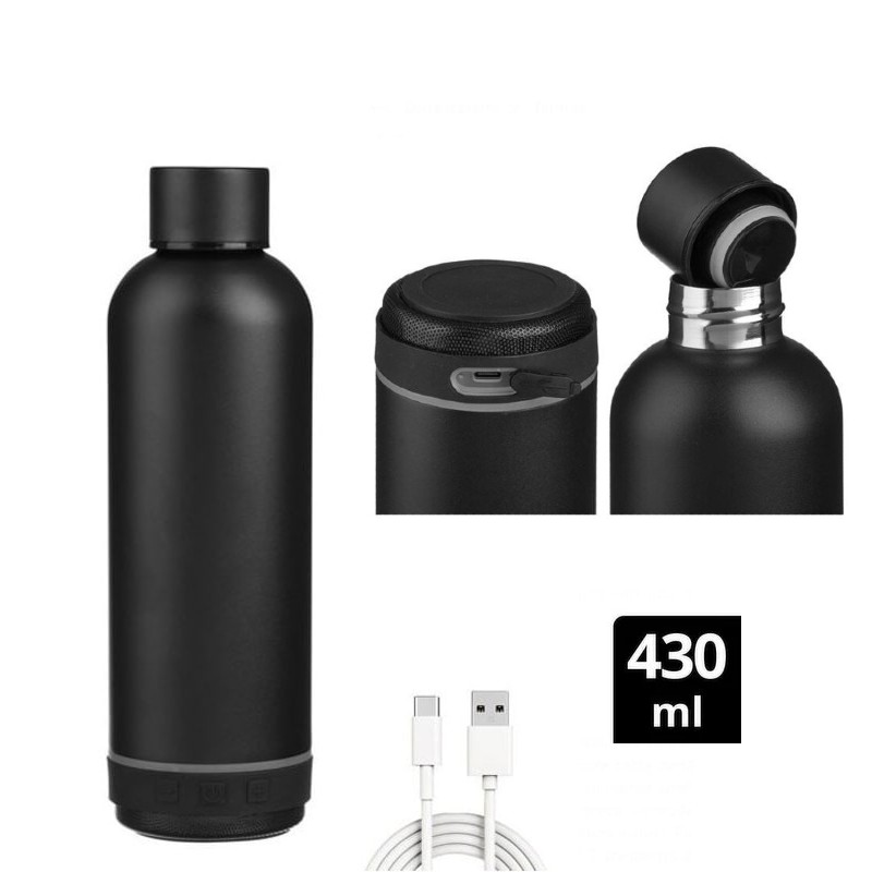 Termos cu boxa Bluetooth, 430 ml, otel inoxidabil, Negru