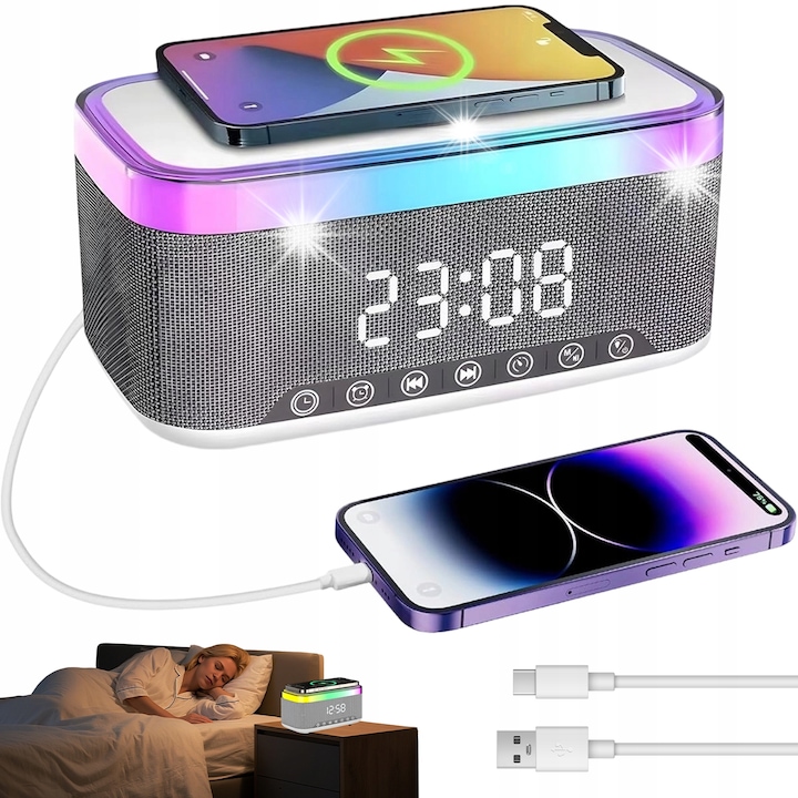 Ceas desteptator cu alarma, difuzor si incarcator wireless 15 W