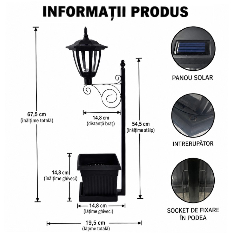 Lampa solara cu ghiveci integrat, LED alb cald