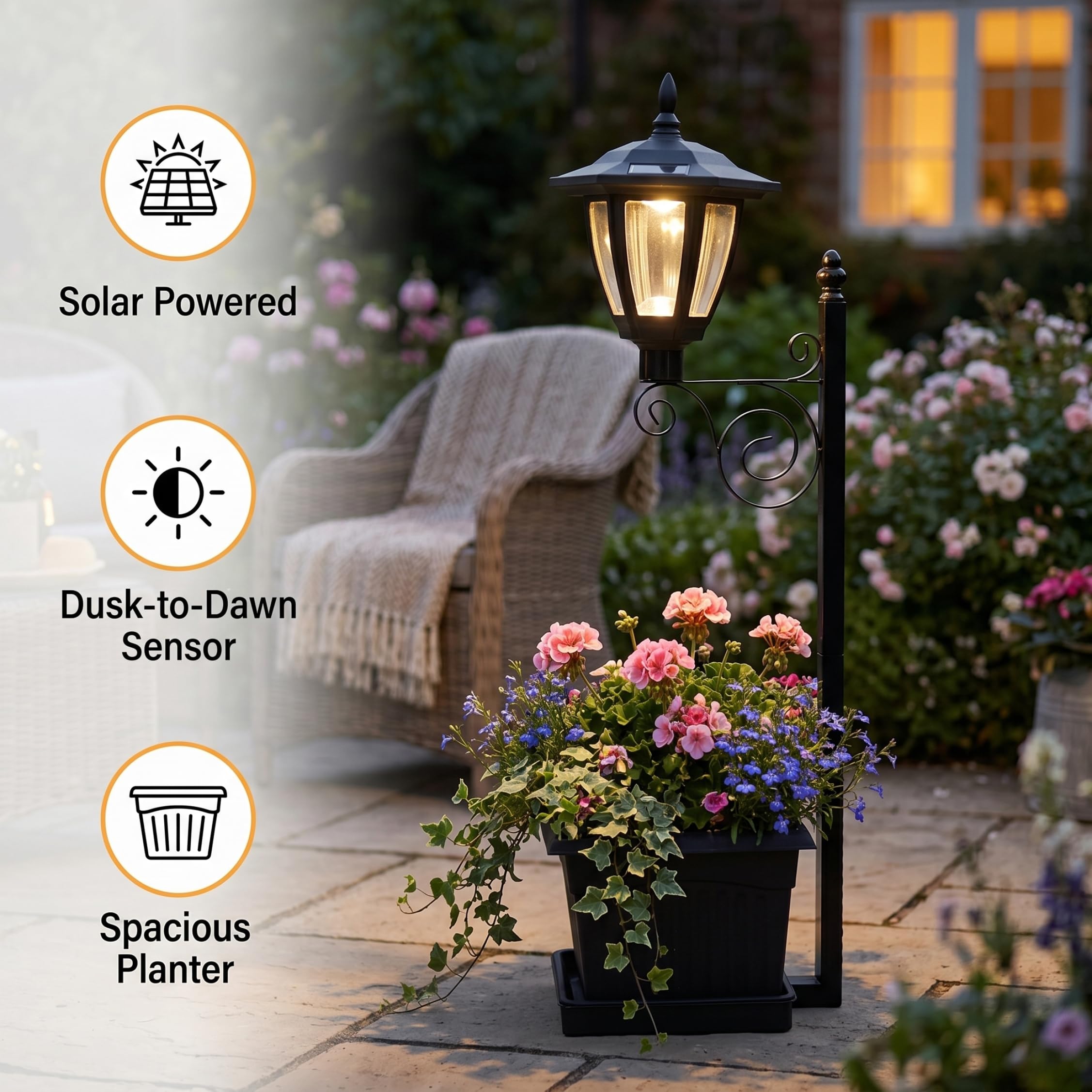Lampa solara cu ghiveci integrat, LED alb cald