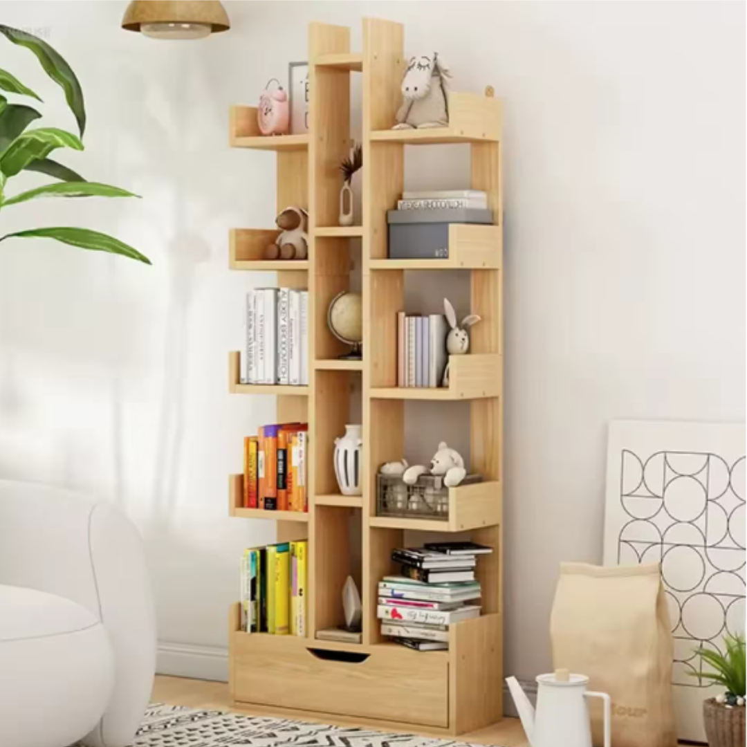 Biblioteca decorativa cu 18 polite si sertar integrat, 51x18x168 cm