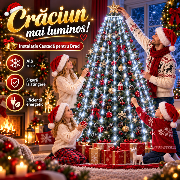 Instalatie brad Craciun 400 LED cu inel, 2 M x 16 coloane, Alb rece
