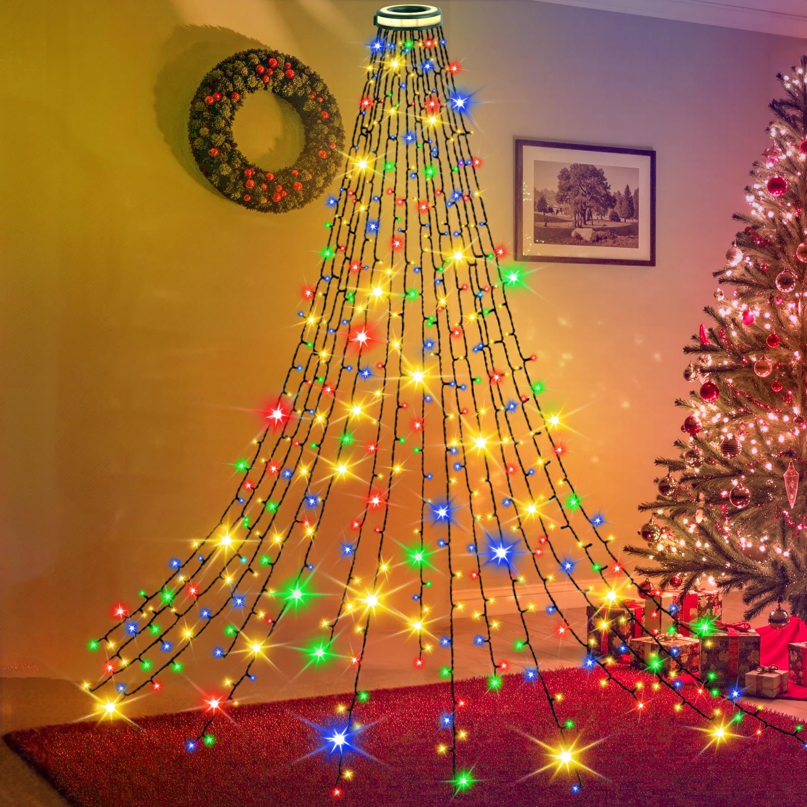 Instalatie brad Craciun 400 LED cu inel, 2 M x 16 coloane, Multicolor